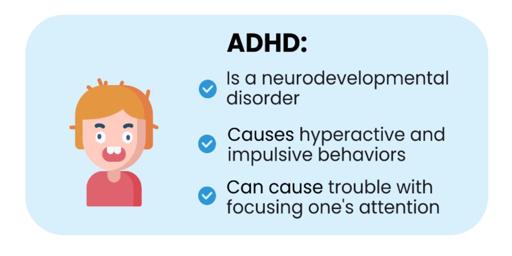 ADHD is a neurodevelopement disorder that can cause hyperactive behavious and trouble with focusing.