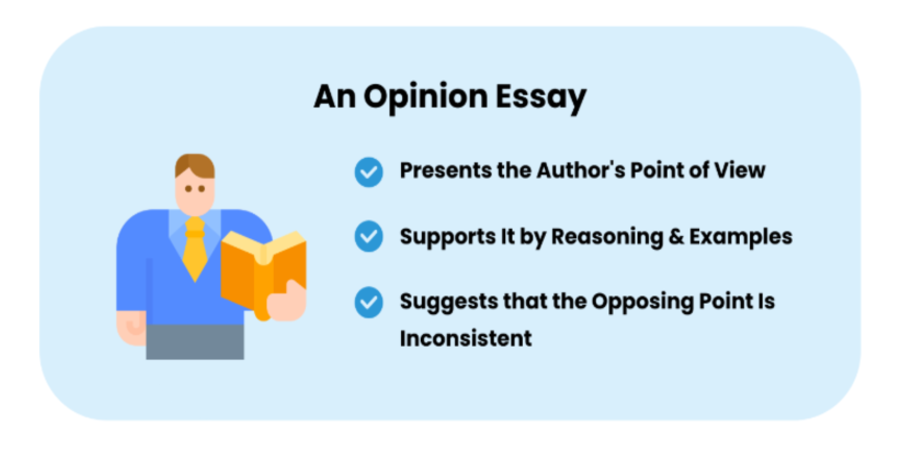 An opinion essay presents the author's point of view & suggests that the opposing point is inconsistent.