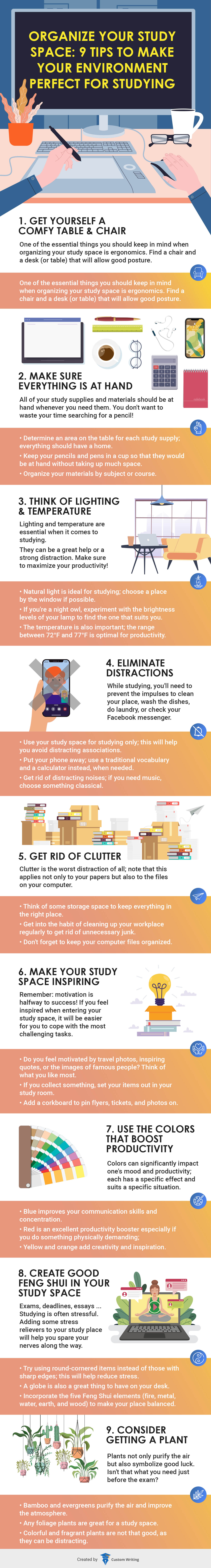 This infographic contains nine tips on organizing your study space so that you could work without any distractions. Wondering how to choose the furniture, organize and decorate your place, and what colors to use? Here you'll find the answers!