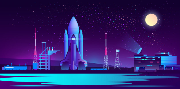 Spaceport base night with rocket.