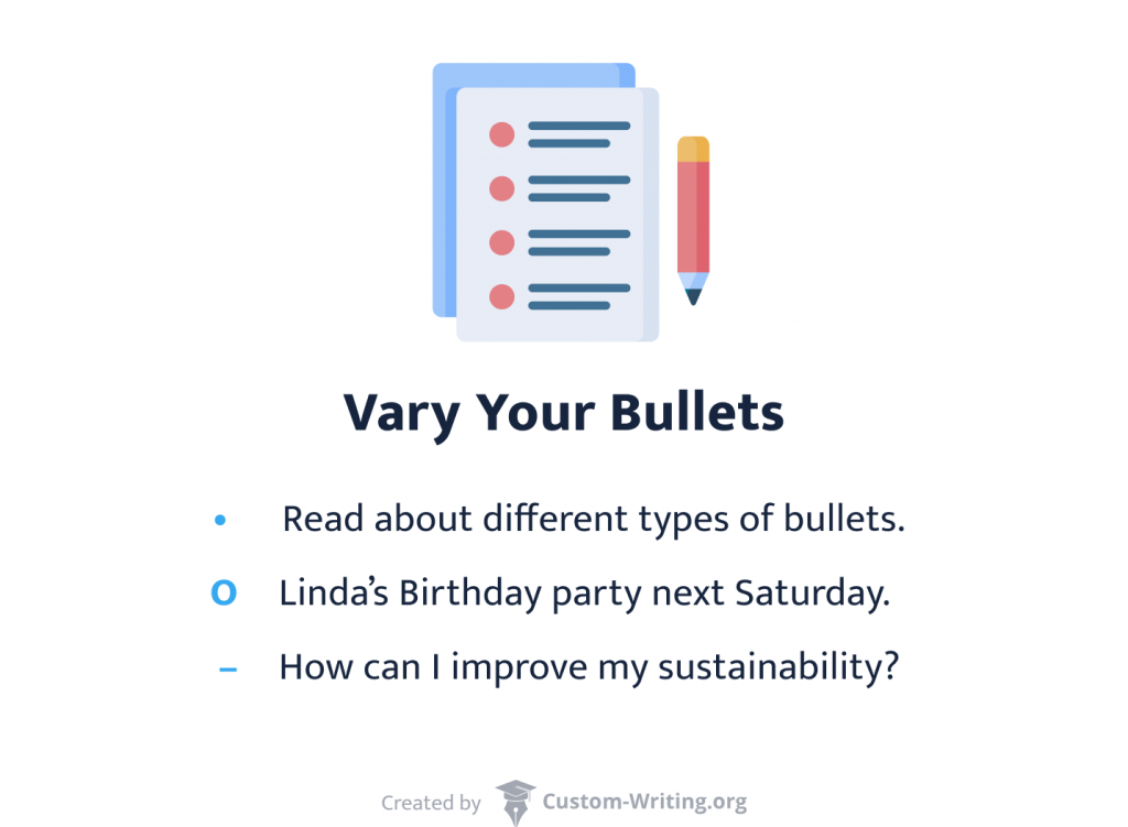 The picture contains examples of 3 different bullet points.