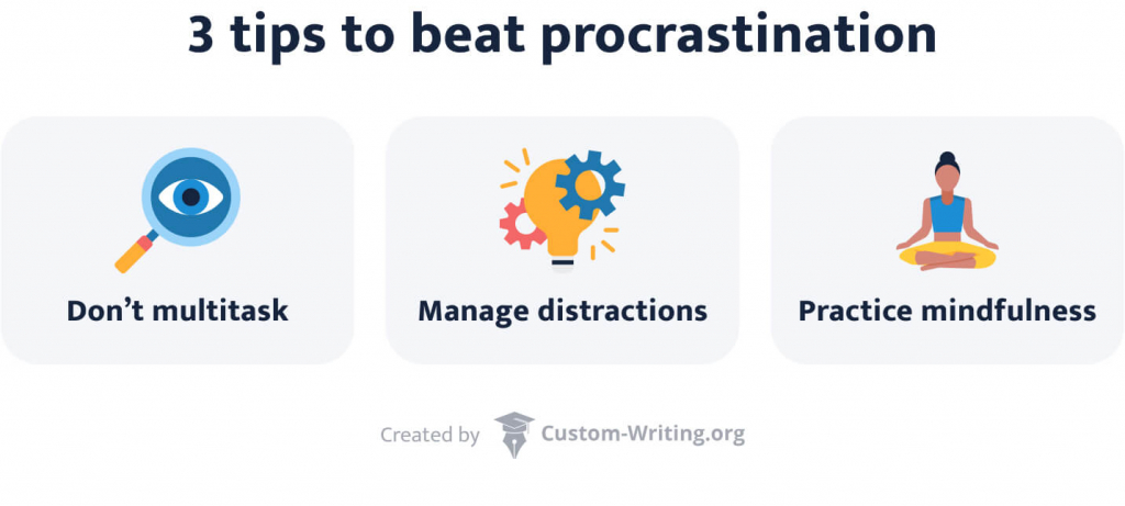 The picture lists 3 tips to beat procrastination.