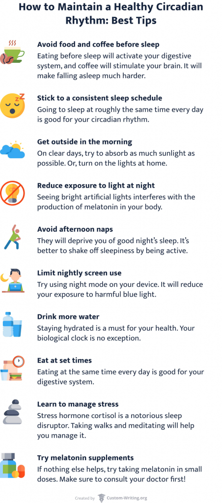 The picture enumerates 10 tips to maintain a healthy circadian rhythm.