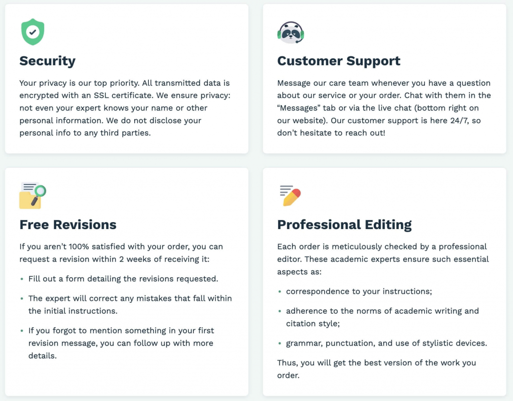 The picture lists IvyPanda’s guarantees: security, free revisions, professional editing, and 24/7 customer support.