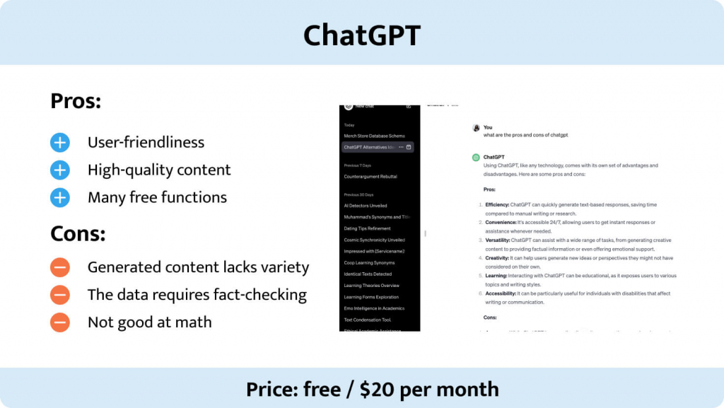 The picture describes benefits and drawbacks of ChatGPT.