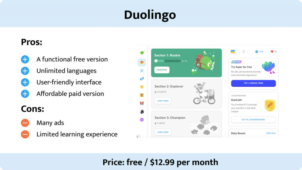The picture describes benefits and drawbacks of Duolingo.