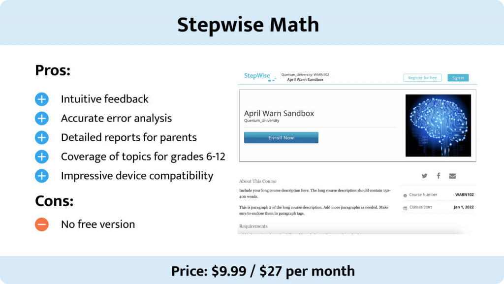 The picture describes benefits and drawbacks of Stepwise Math.