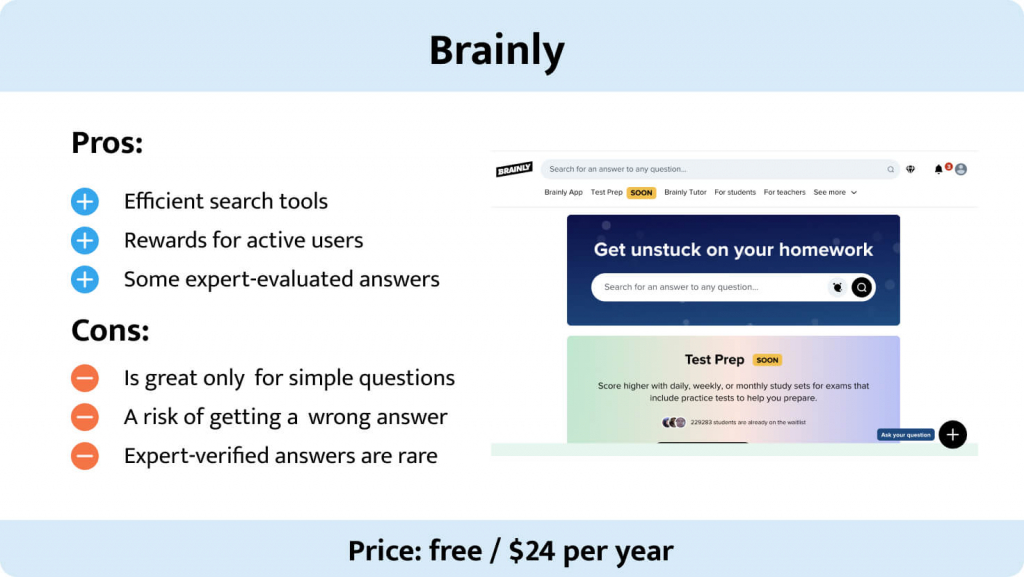 The picture describes benefits and drawbacks of Brainly.
