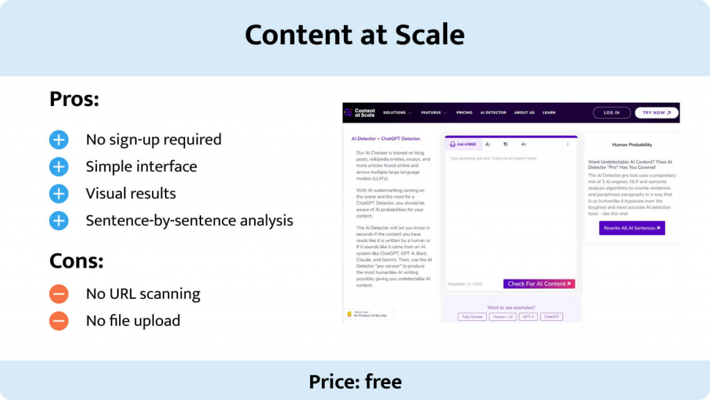This image shows the pros and cons of Content at Scale.
