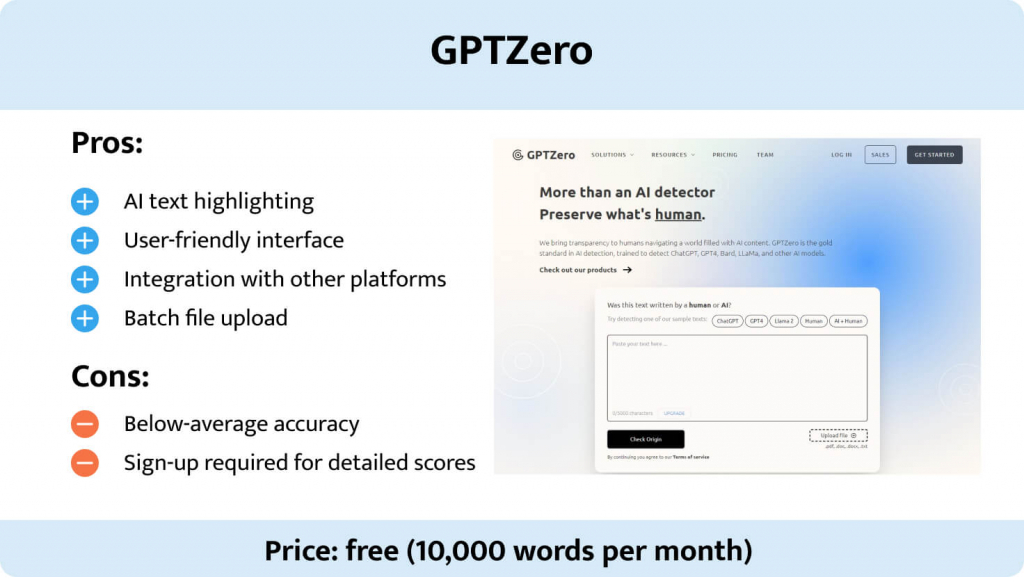 This image shows the pros and cons of GPTZero.