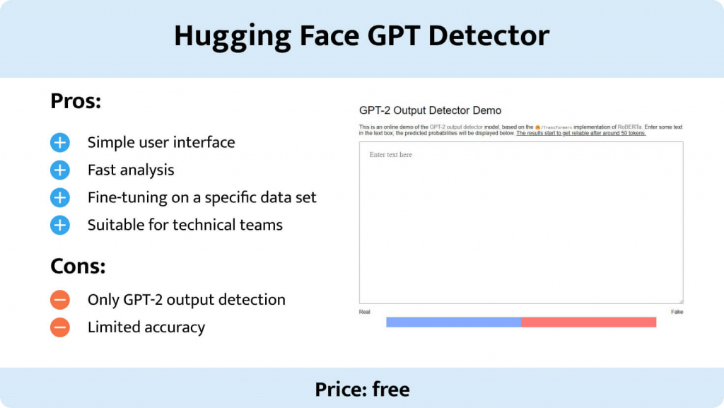 This image shows the pros and cons of Hugging Face GPT Detector.