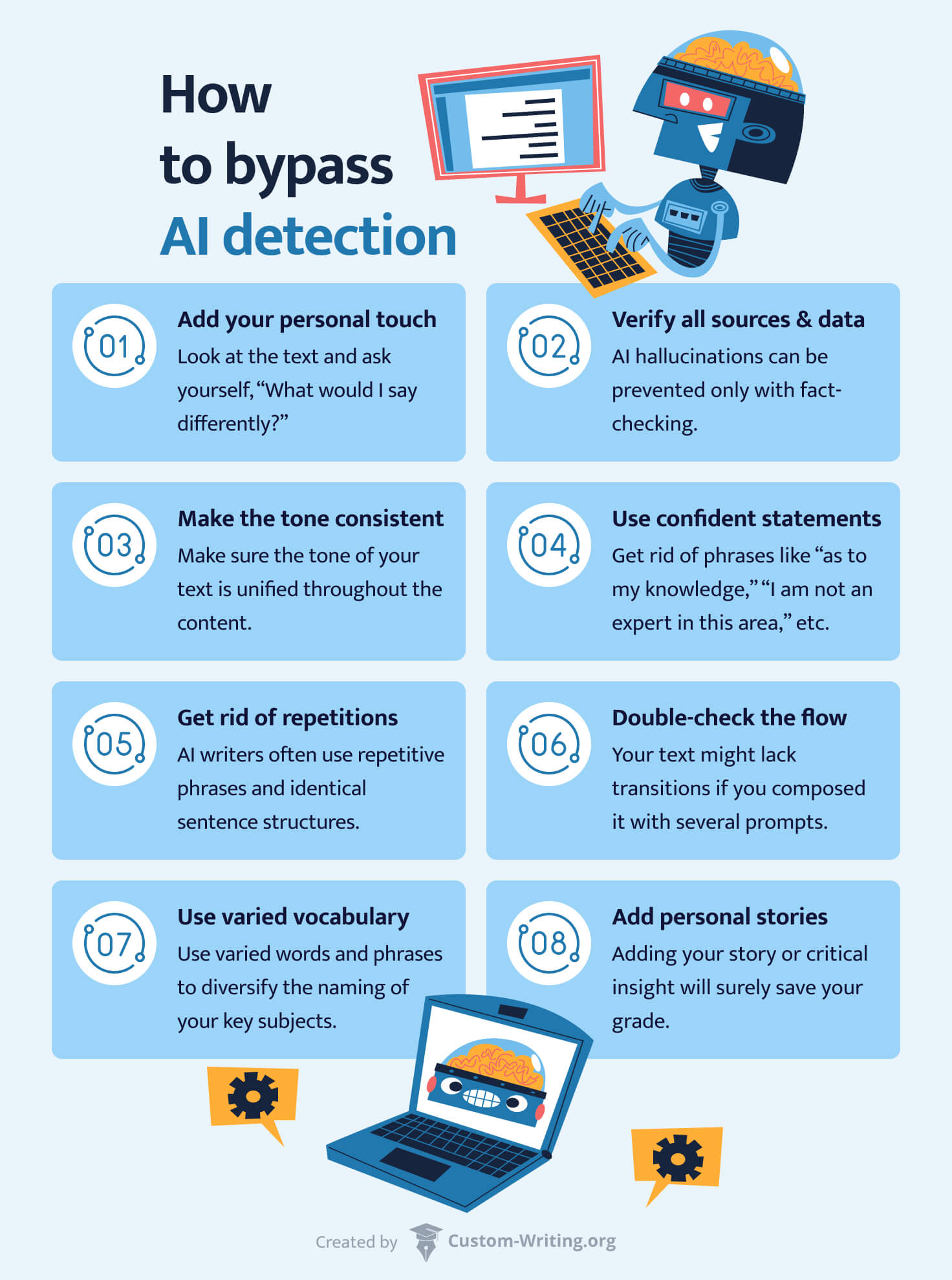 The picture lists the tips to bypass AI detection in writing.