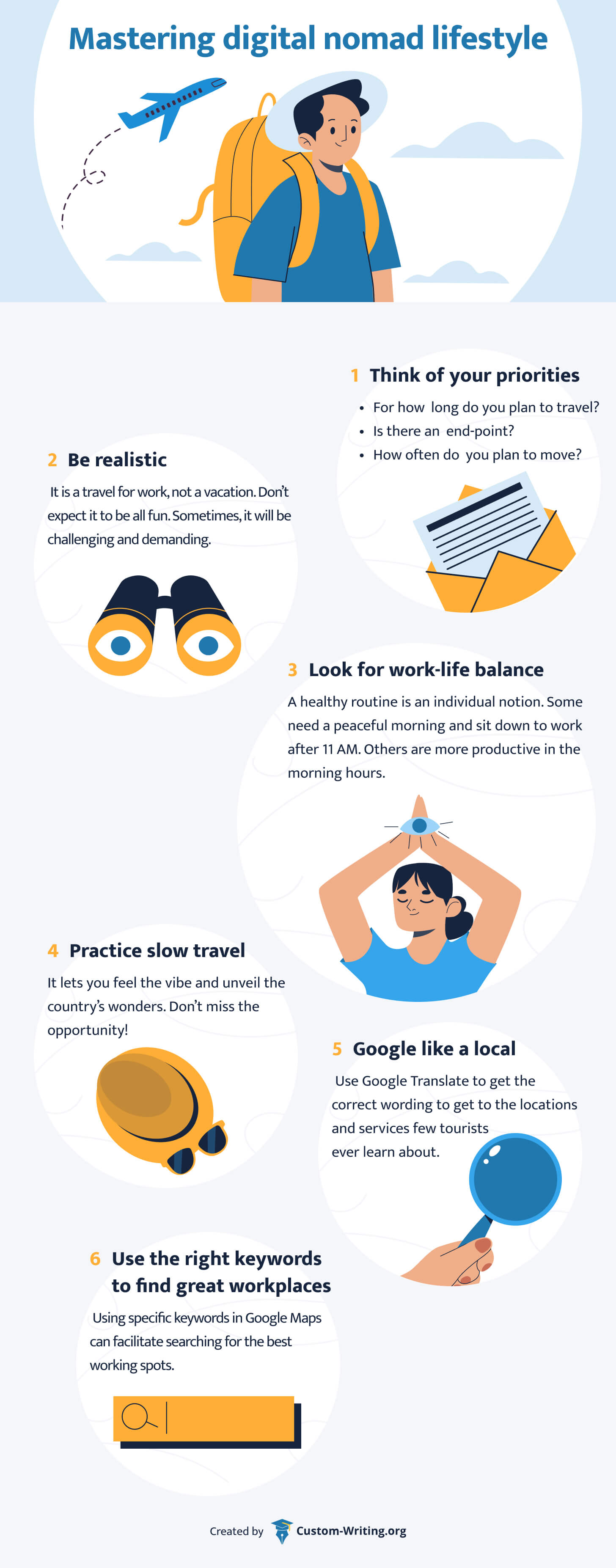 The picture lists 6 tips to master digital nomad lifestyle.