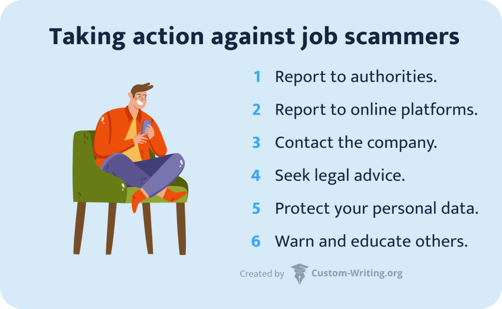 The picture tells how to take action against job scammers.