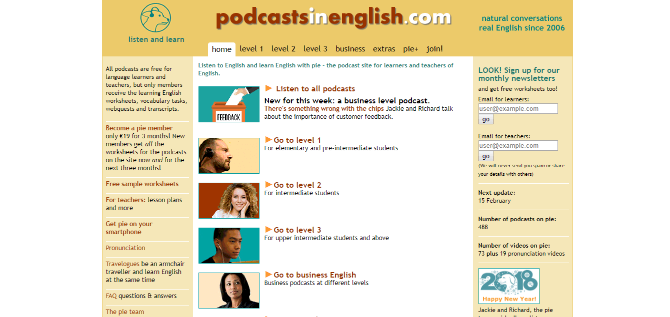 Podcasts in English website screenshot Podcasts in English - ESL website