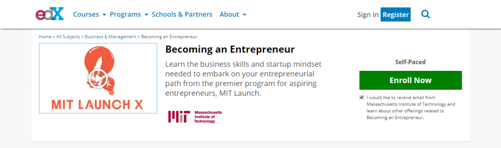 Becoming an entrepreneur edx website screenshot