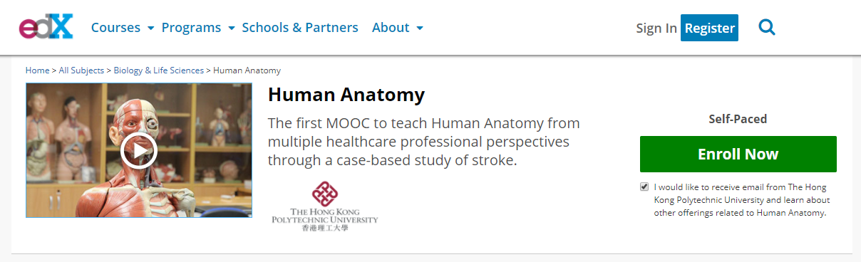 Human anatomy course edx website screenshot