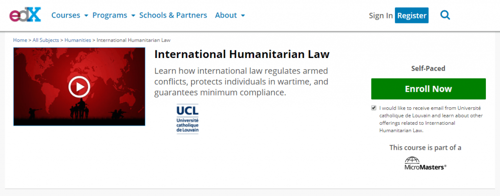 International humanitarian law edx website screenshot