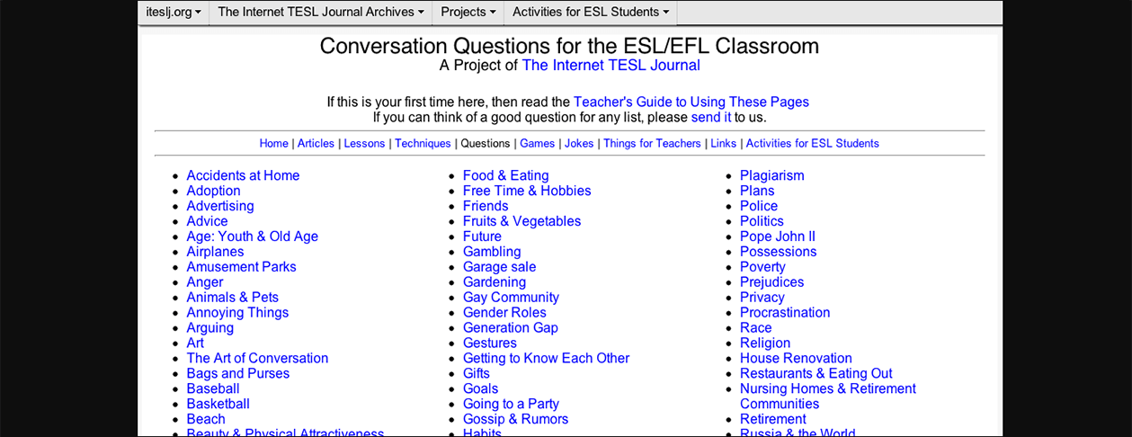 Iteslj.org - Conversation Questions for the ESL.