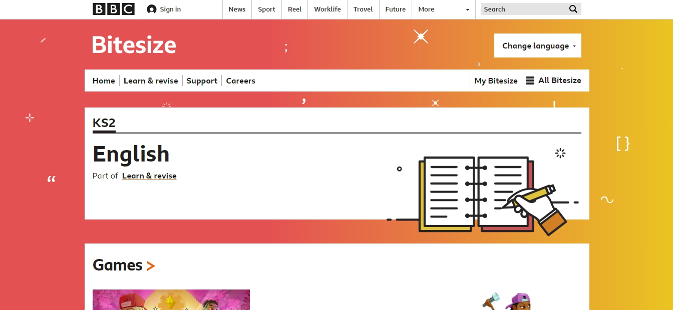 BBC bitesize website screenshot. BBC bitesize ESL website