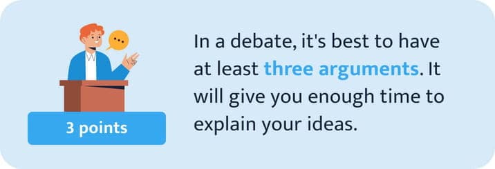 In a debate, it's best to have at least 3 arguments so that you have enough time to explain your ideas.