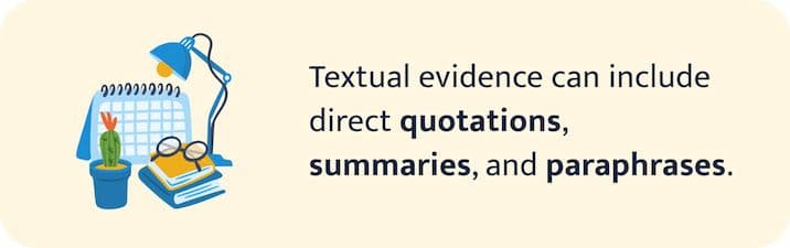 Textual evidence can include direct quotations, summaries, and paraphrases.